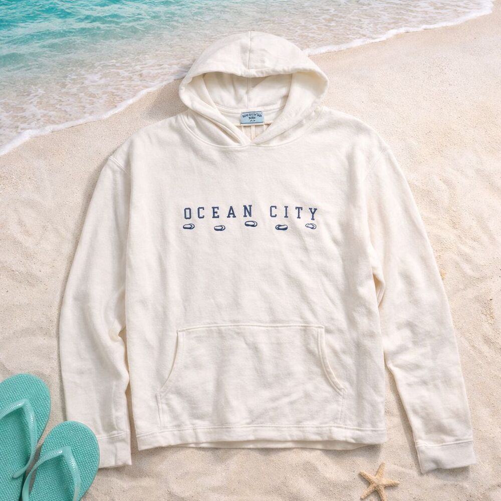 Y2K Ocean City Hoodie XL USA Flip Flops Embroidered Breezin’ Up Grunge